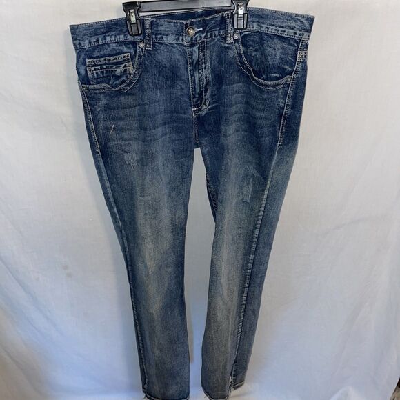 T K Axel Men’s Straight Jeans Size 36x34 Blue Streetwear Distressed Western - Picture 1 of 12